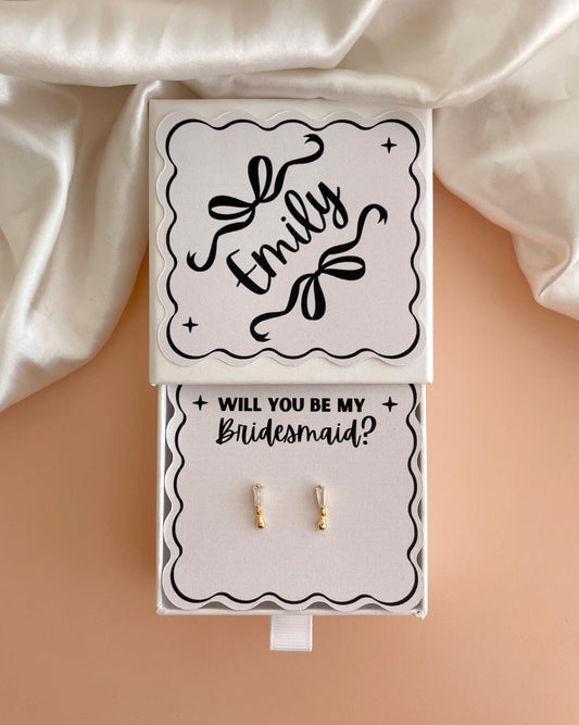Personalized Bridesmaid Gift Box Jewelry Bridesmaid Proposal Earrings Elegant Gift for Bridesmaid 18k Gold Earrings Custom Name Favor Bulk