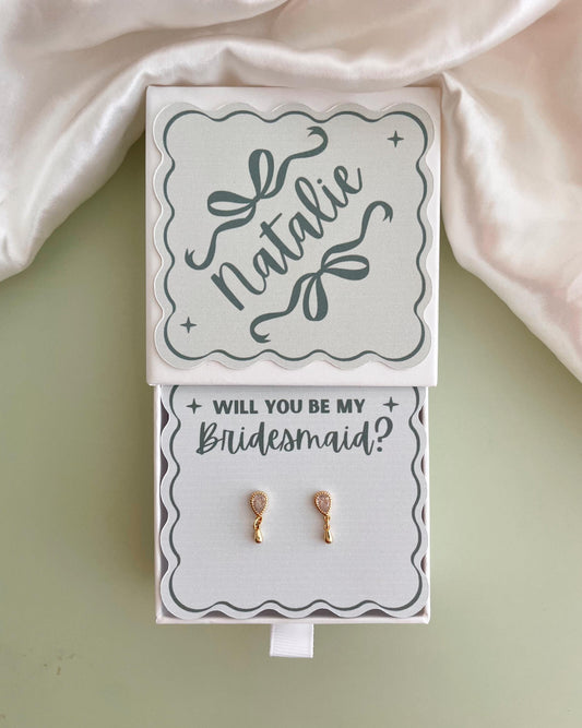 Custom Name Bridesmaid Gift Jewelry Box Gold Earrings for Bridesmaid Personalized Favor Bulk Green Bridesmaid Proposal Gift Lucky in Love