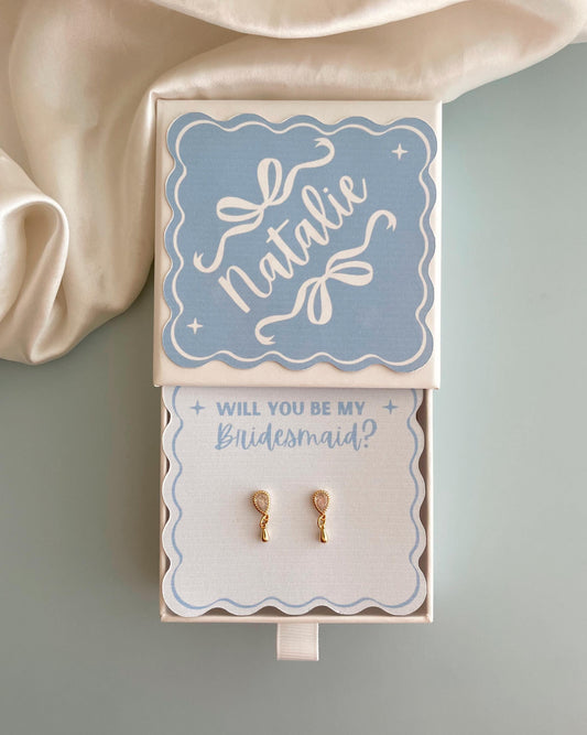 Personalized Bridesmaid Proposal Gift Box with Jewelry for Bridesmaid Light Blue Coastal Cowgirl Theme Bachelorette Beach Favor Gold Earring