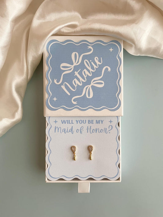 Maid of Honor Proposal Box Jewelry Gift for Matron of Honor Earrings Will You Be My Maid of Honor Something Blue Bridal Party Personalized